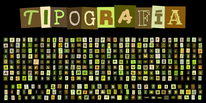 TIPOGRAFIA alfabeto estilo nota de rescate letras recortadas de revista para diseno grafico creativo y composicion de mensajes