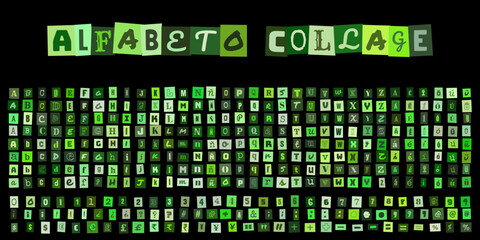 Naklejka premium Alfabeto Collage de letras verdes estilo recorte de revista para diseno grafico creativo, tipografia personalizada para carteles y proyectos