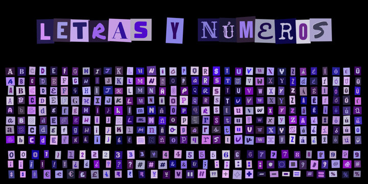 Letras y numeros, abecedario estilo recorte de revista para diseno grafico, conjunto de caracteres tipograficos creativos en tonos violeta
