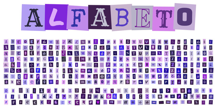 ALFABETO, conjunto de letras y numeros estilo recorte de revista, tipografia creativa para diseno grafico, collage de caracteres morados