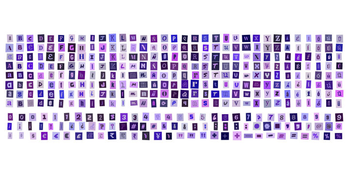 Alfabeto de letras moradas estilo recorte de revista, conjunto de caracteres tipograficos para diseno grafico y collage creativo
