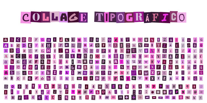 Collage Tipografico, abecedario de letras recortadas estilo nota de rescate, conjunto de caracteres alfanumericos y simbolos en tonos violeta para dise&ntilde;o grafico