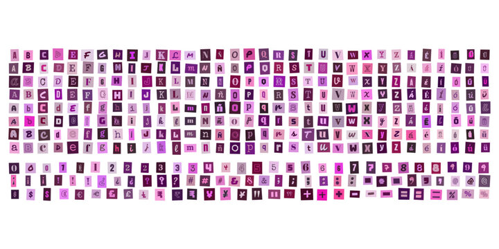 Alfabeto de letras estilo nota de rescate y numeros en collage morado para diseno grafico creativo y composiciones tipograficas