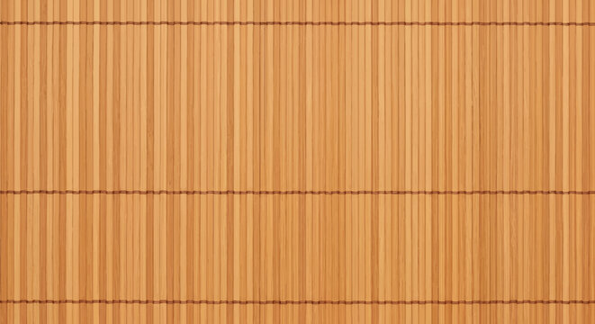 Close-up background of a natural light brown bamboo mat with vertical slats bound by horizontal dark brown threads, showing organic texture and repetitive wooden pattern.