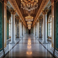 Obraz premium Elegant hallway with columns and chandeliers creating a grand perspective