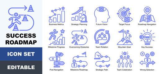 Fototapeta premium Success Roadmap Icons Pack Featuring Achievement, Career, Development, Direction, Goal, Growth, Milestone, Roadmap, Strategy, Success