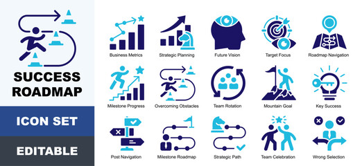 Fototapeta premium Success Roadmap Icons Pack Featuring Achievement, Career, Development, Direction, Goal, Growth, Milestone, Roadmap, Strategy, Success