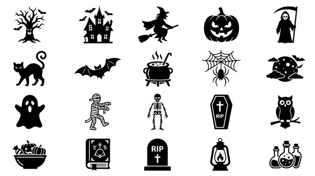 Spooky Halloween Black Silhouette Icon Collection Vector Set of Creepy Characters, Decorations, and Mystical Elements for Holiday Celebrations and Graphic Design Projects