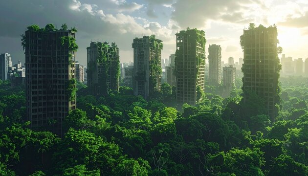 Dystopian, abandoned cityscape where decaying high-rise concrete skyscrapers are overtaken by a lush, sprawling green jungle under a cloudy sky.