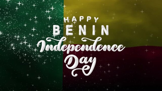 Happy benin independence day text animation with waving flag and fireworks. Great for event promotions, social media posts, and festive designs.
