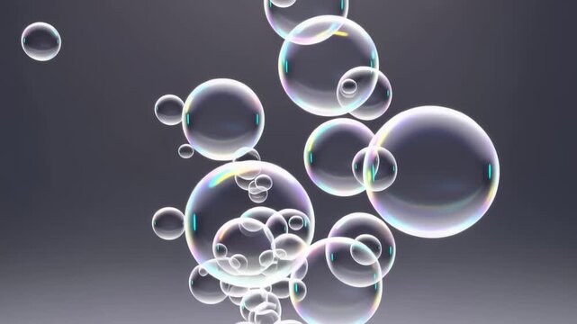 Translucent soap bubbles floating upwards against a dark gradient background, reflecting light and color in a playful