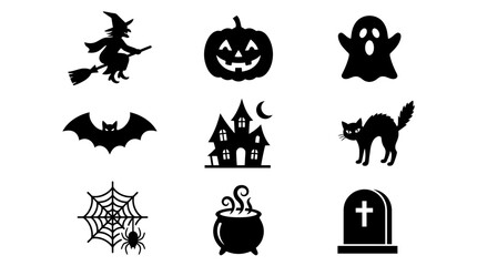 Fototapeta premium Halloween silhouette icons set containing witch, pumpkin, ghost, bat, haunted house, cat, spider web, cauldron, and gravestone