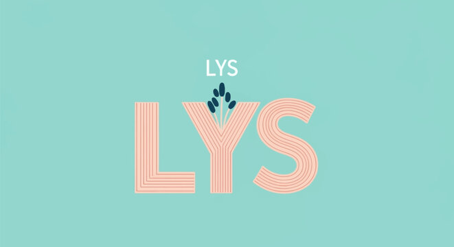 Minimalist graphic design featuring the word LYS in large peach-colored inline typography with a navy blue plant element on a pale teal background and small white text above.