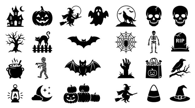 Black silhouette Halloween icon set featuring spooky elements like pumpkins, ghosts, bats, witches, skeletons, and haunted houses