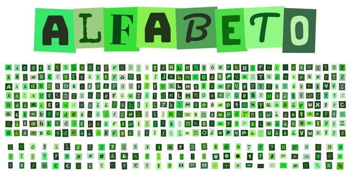ALPHABET vert avec lettres chiffres et symboles pour design graphique et typographie creative sur fond isole