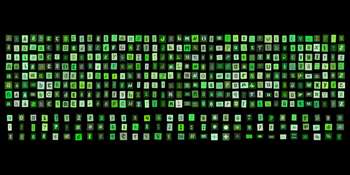 Alphabet et chiffres en style lettre de menace verte, collection de caracteres typographiques pour design graphique et montage video