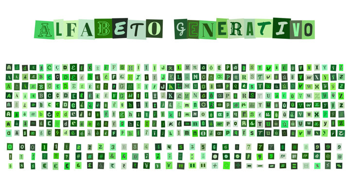 ALFABETO GENERATIVO, alphabet vert style collage pour design graphique, typographie cr&eacute;ative avec lettres et chiffres pour projets artistiques et compositions typographiques