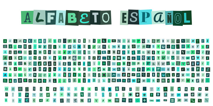 ALFABETO ESPA&Ntilde;OL, alphabet de style lettre de ran&ccedil;on, typographie d&eacute;coup&eacute;e pour design graphique, collage de lettres et chiffres