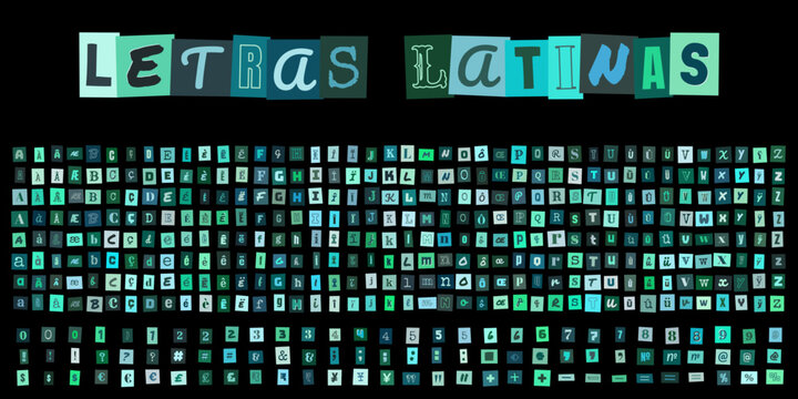 LETRAS LATINAS alphabet collage style, ensemble de lettres decoupees pour design graphique, typographie style lettre de rancon pour affiche