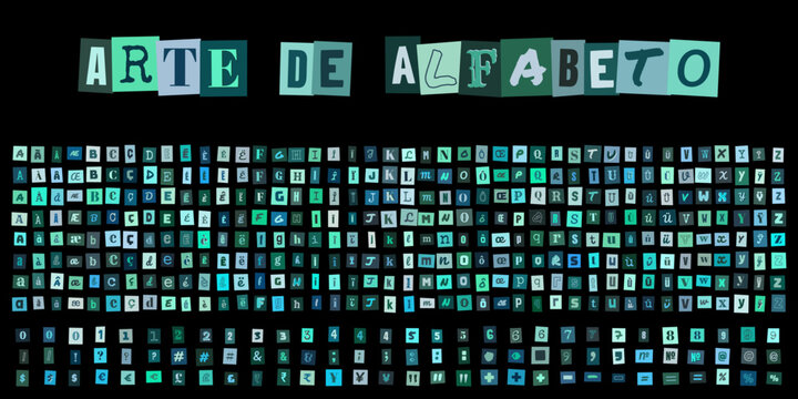 Arte de alfabeto, ensemble de lettres et chiffres style collage pour design graphique, typographie decoupee pour projets creatifs et affiches