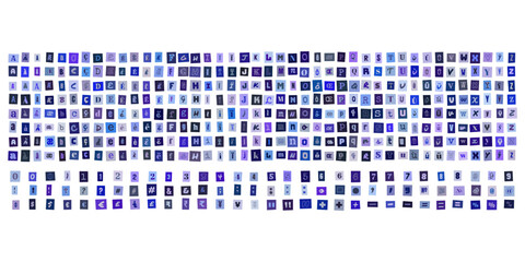 Alphabet decoupe style lettre de rancon en bleu, ensemble de lettres et chiffres pour design graphique, typographie creative et collage © velikiyzayats