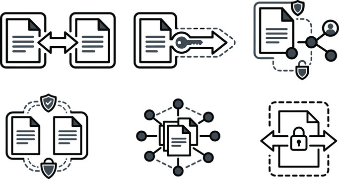 Secure Document Management and Data Encryption Icon Set Featuring Encrypted Files Protected Sharing Key Access and Confidential Information Networks Line Art Illustrations