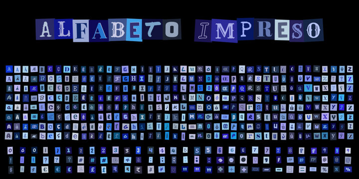 ALFABETO IMPRESO, alphabet de lettres d&eacute;coup&eacute;es style collage bleu, typographie cr&eacute;ative pour design graphique, affiche et projets artistiques