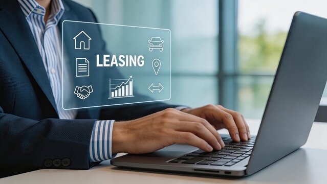 Businessman using laptop with holographic leasing interface, financial assets management, real estate and car rental concept, digital technology in modern office environment.