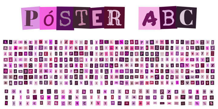 Poster ABC, alphabet de lettres decoupees style lettre de rancon, typographie rose et violette pour design graphique et collage