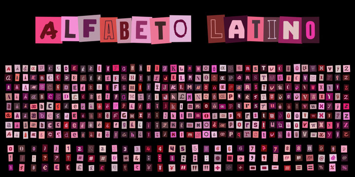 ALFABETO LATINO, lettres style lettre anonyme, typographie decoupee pour design graphique, collage de caracteres pour messages urgents