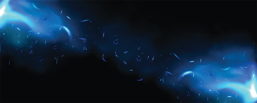 Glowing blue energy wave with flying sparkles and smoke effect on black background.