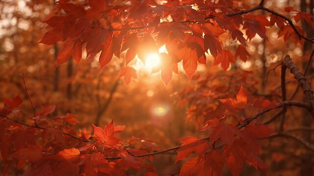 NatureRed leaf autumn branch sunlight forest closeup orange foliage nature season warm woodland scene glowing sun flare soft bokeh background tranquil seasonal maple color