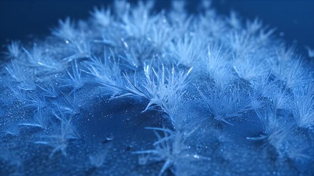 Natureice crystal frost frozen surface blue close up macro texture winter dark glass delicate icy pattern water droplet cold background abstract detail