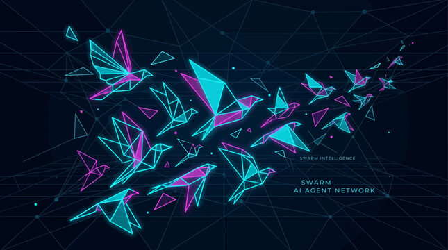 Swarm Intelligence AI Agent Network Glowing Origami Birds Vector Illustration