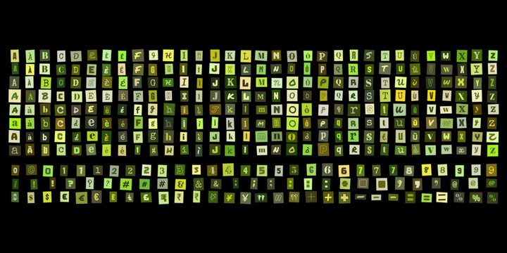 Alfabeto ritagliato stile riscatto verde, lettere e numeri collage per design grafico, tipografia creativa per poster e messaggi anonimi