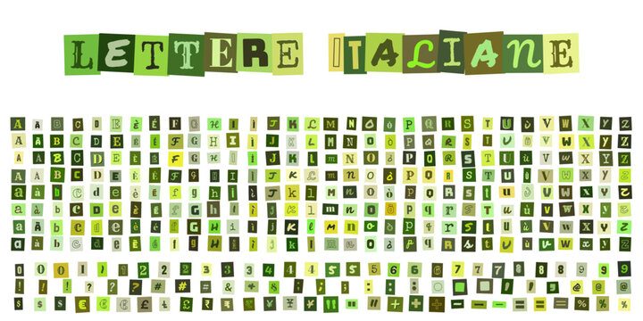 Lettere Italiane, set di lettere ritagliate in stile ransom note, alfabeto completo con numeri e simboli in tonalita verde per design creativo
