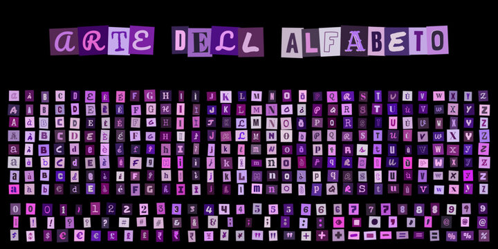 ARTE DELL ALFABETO, set di lettere e numeri in stile collage viola per design grafico creativo, tipografia personalizzata per progetti