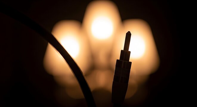 Closeup of a 35mm audio jack plug silhouette against blurred warm lights