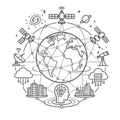 Obraz premium Futuristic Global Network Illustration Featuring Artificial Intelligence, Satellites, Cloud Computing and Smart City Infrastructure