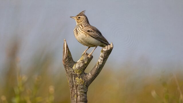 lark. A small bird perched on a uniquely shaped branch with subtle air ripples. wildlife magazines, conservation campaigns, designed for eco-tourism storytelling, supports conservation.