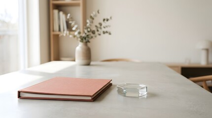 Fototapeta premium Minimalist tabletop desk setup with coral notebook and dried flowers