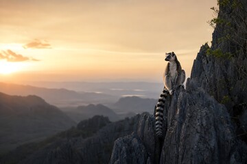 Naklejka premium Lemur sitting on a rocky mountain peak.