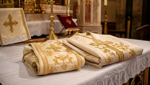 liturgical. Carefully folded embroidered liturgical vestments on a church altar with intricate gold thread details. event programs.