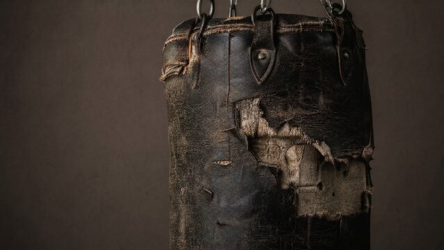 indentations. Worn punching bag with scuff marks and exposed stuffing under dramatic lighting. event key visuals, club posters, designed for fitness apps and gym onboarding, boosts motivation.