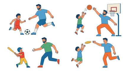 Fototapeta premium Flat vector illustration of father and son playing sports together on white background