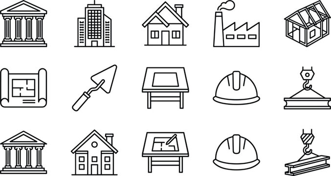 Architecture construction industry building icon set containing blueprint helmet trowel factory drafting table real estate line art vector