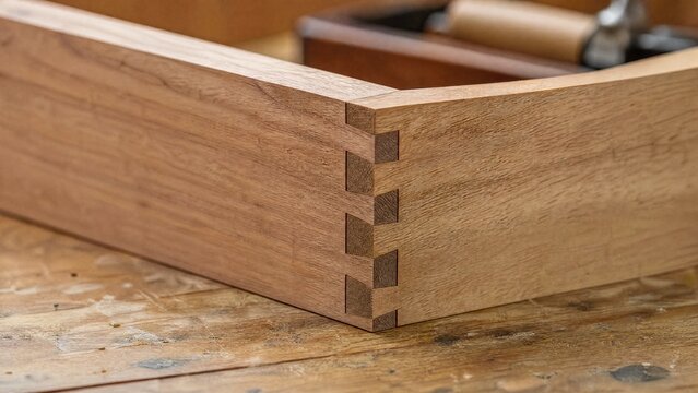 dovetail. Two wooden boards joined with dovetail joints on a workbench. tutorial guides, club newsletters, designed for tourism and weekend activity guides and sports & leisure club marketing.