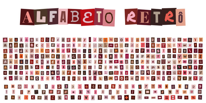 ALFABETO RETRO, conjunto de letras estilo carta de resgate, colagem de recortes de revista para design tipografico vintage e criativo