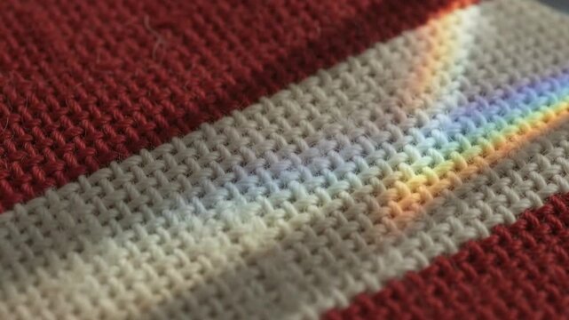 Patriotic red and white knitted fabric with rainbow light prism effect perfect for 4th july celebration background textures and abstract art