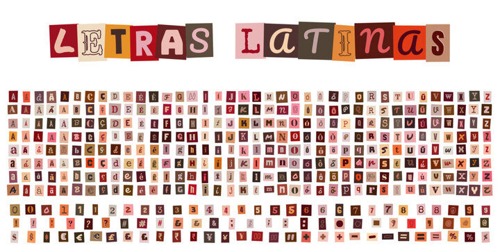 Letras Latinas, conjunto de letras e numeros estilo recorte de jornal para design grafico, colagem tipografica e composicao de mensagens
